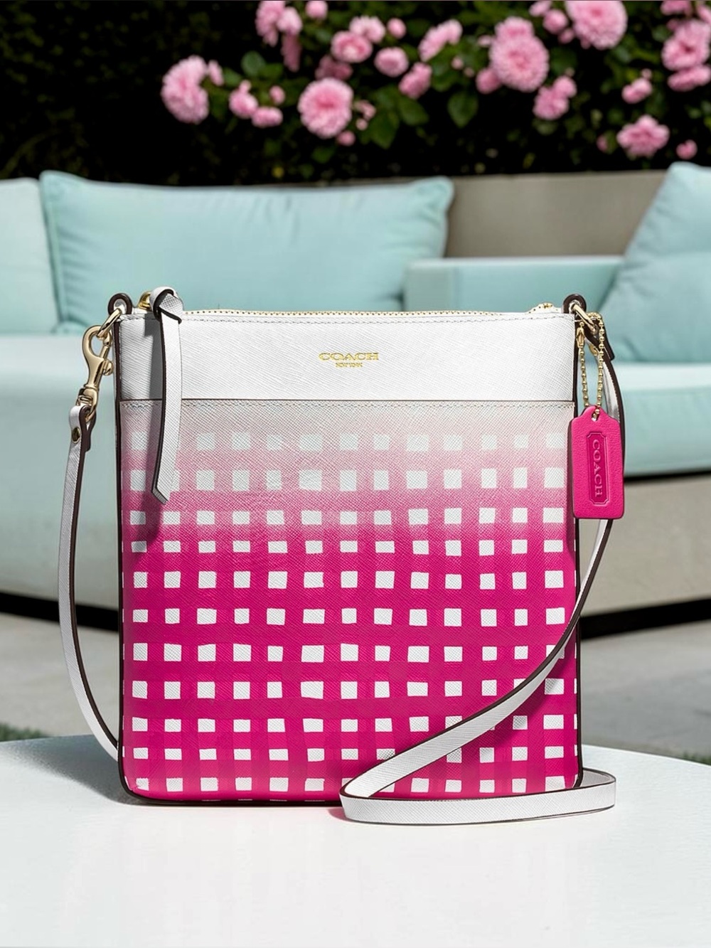 New! COACH Pink Ruby Ombre Gingham Saffiano Leather Swingpack Crossbody (NWT)